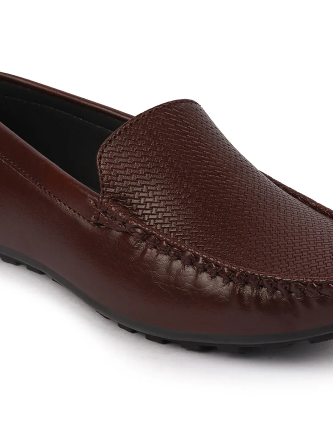 Basics Men Brown Textured Print Side Stitched Casual Slip On Loafers and Moccasin Shoes