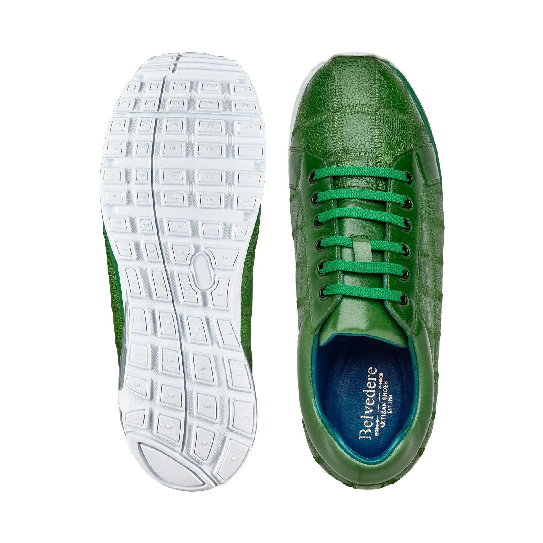 Belvedere Magnus E21 Shoes Men's Emerald Exotic Ostrich Patchwork Casual Sneakers (BV3164)