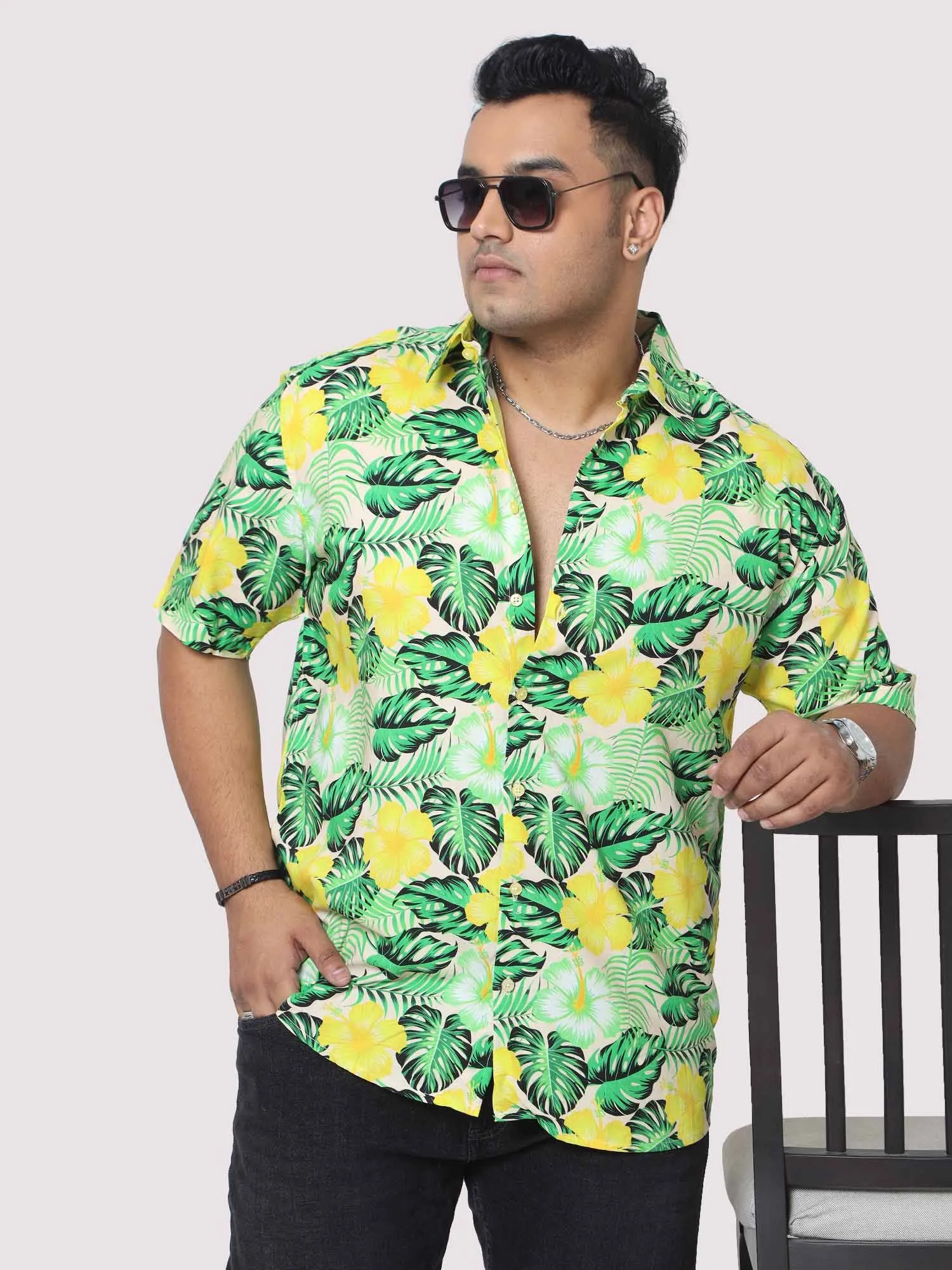 Men Plus Size Tropical Yellow Green Digital Printed Half Shirt