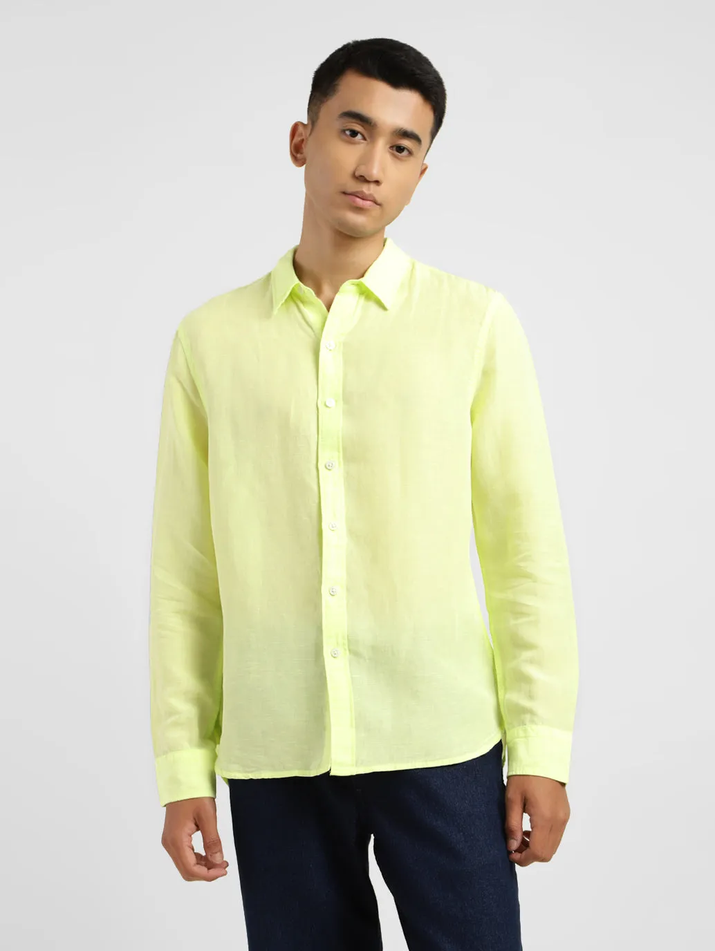 Men's Solid Spread Collar Linen Shirt Yellow