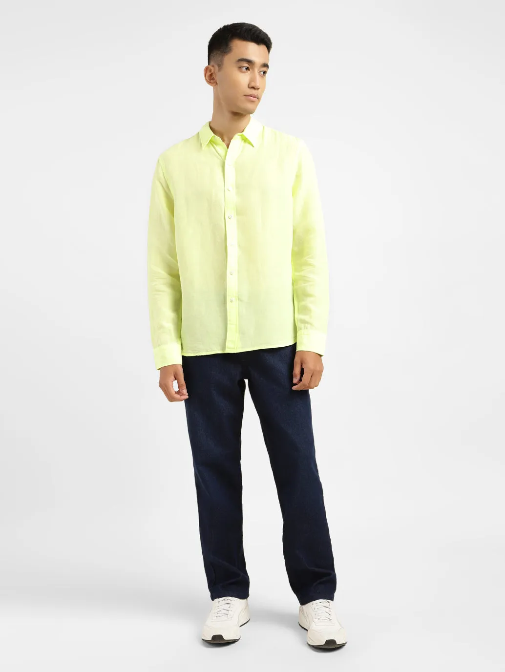 Men's Solid Spread Collar Linen Shirt Yellow