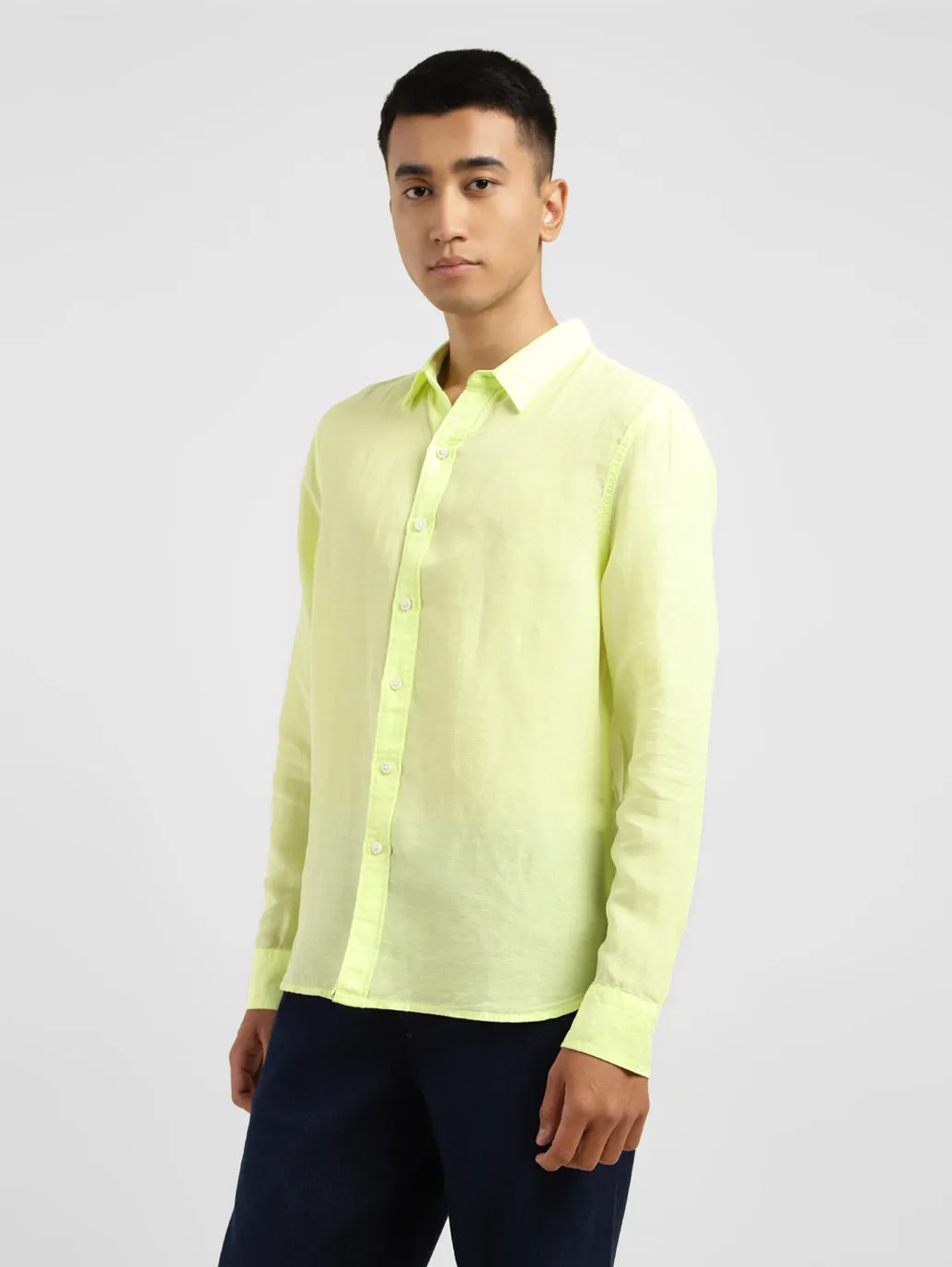 Men's Solid Spread Collar Linen Shirt Yellow