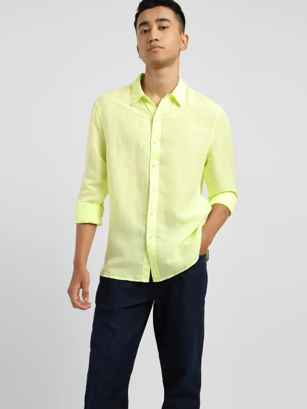 Men's Solid Spread Collar Linen Shirt Yellow