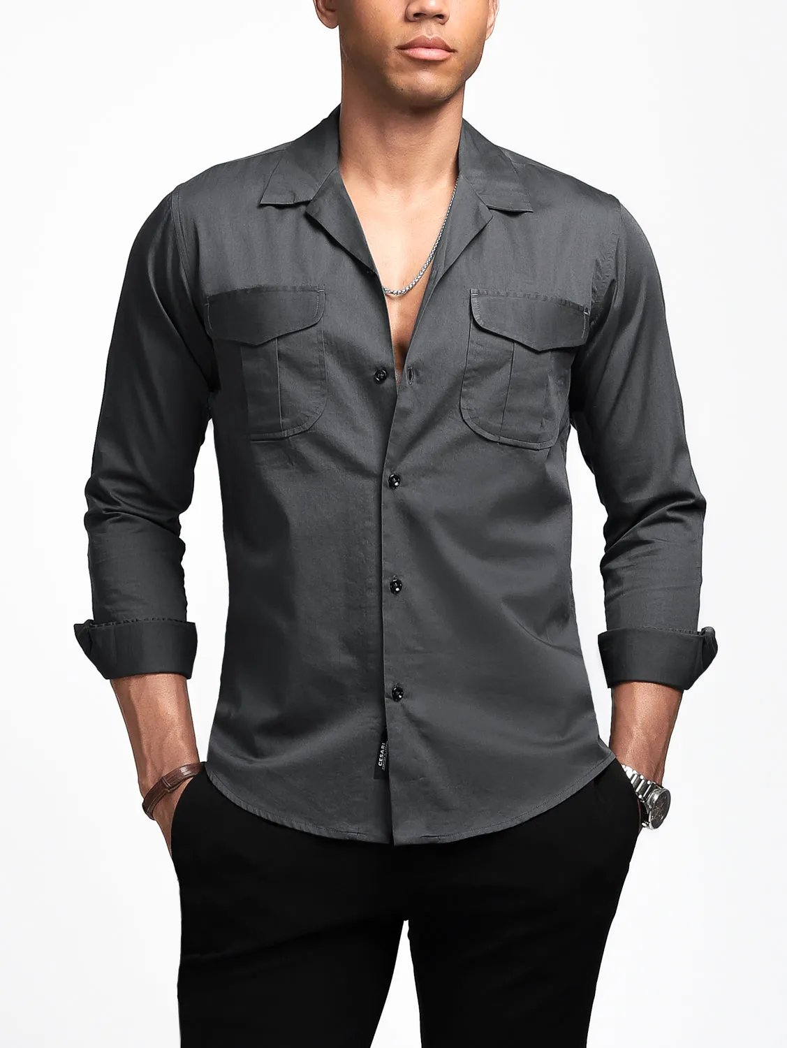 Metal Grey Solid Pockets Shirt