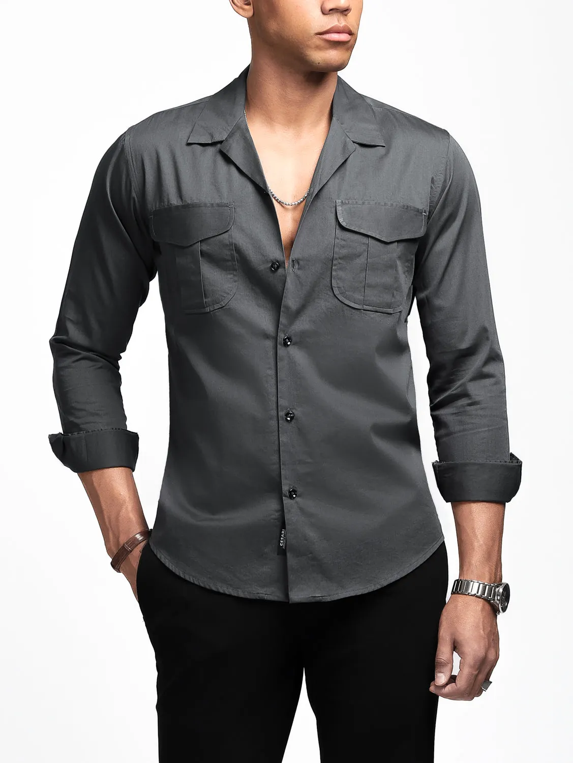 Metal Grey Solid Pockets Shirt