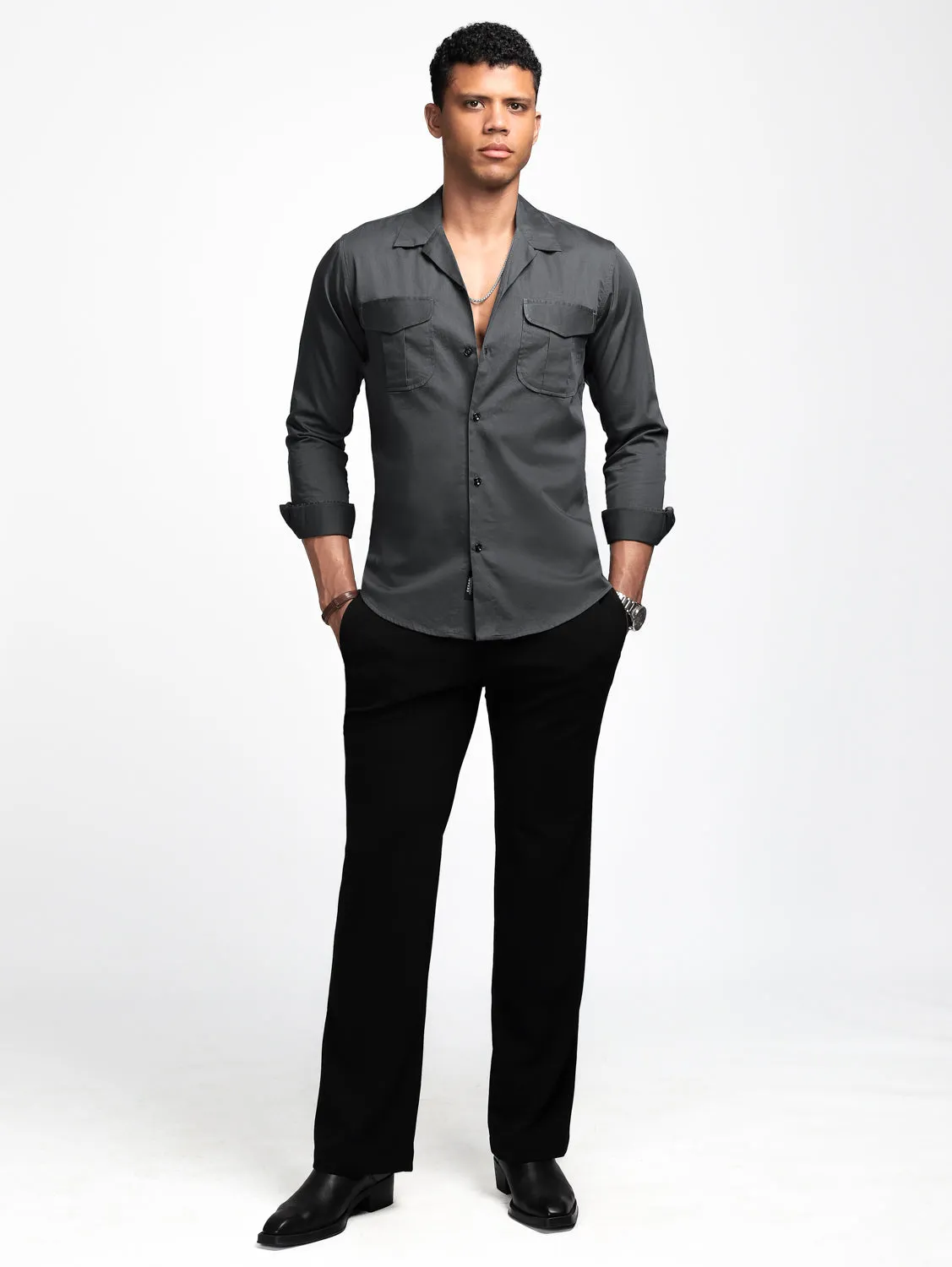 Metal Grey Solid Pockets Shirt