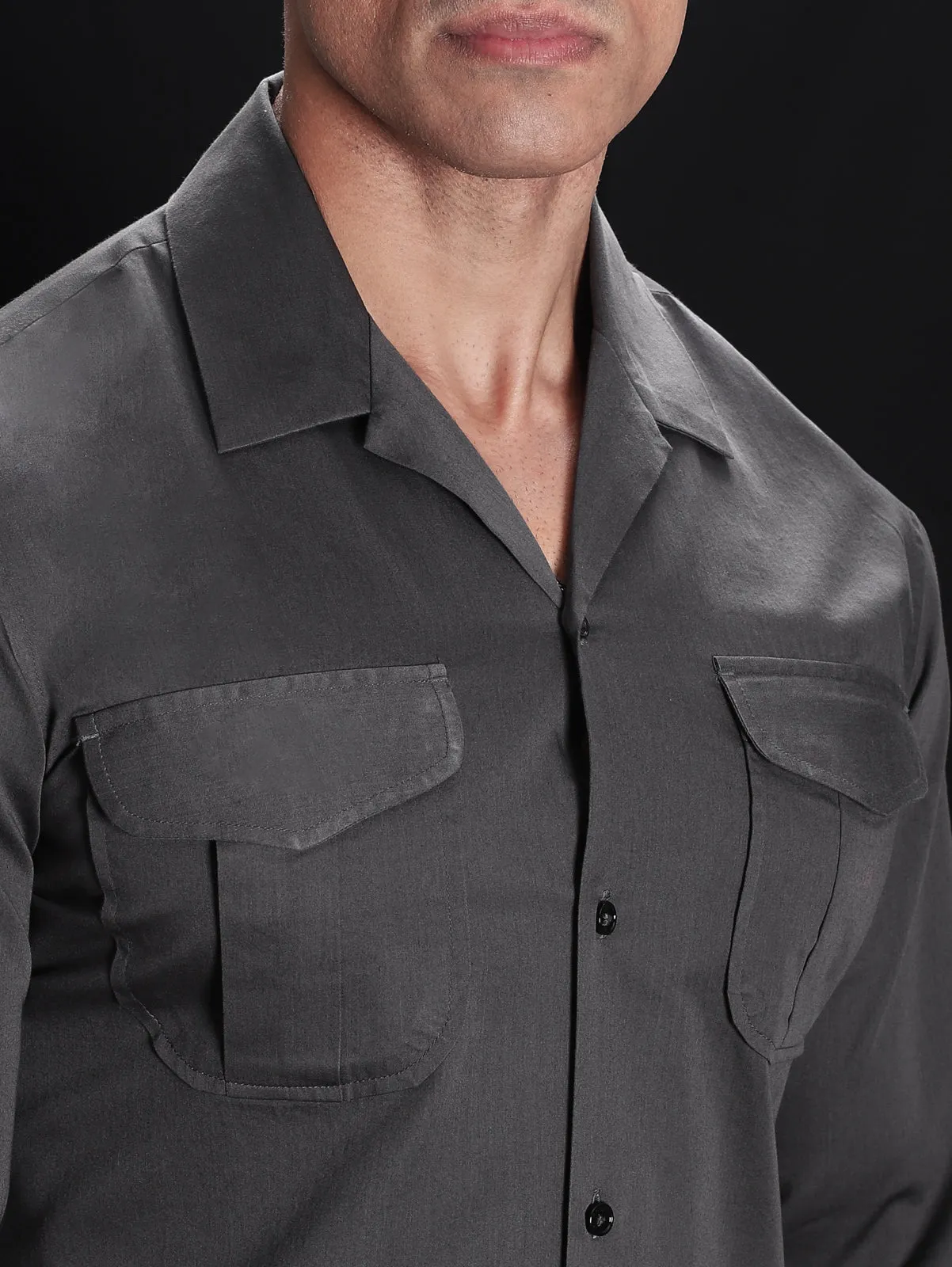 Metal Grey Solid Pockets Shirt