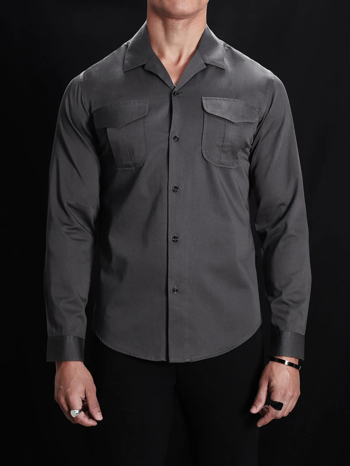 Metal Grey Solid Pockets Shirt