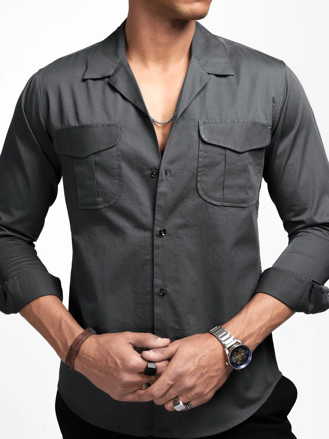 Metal Grey Solid Pockets Shirt