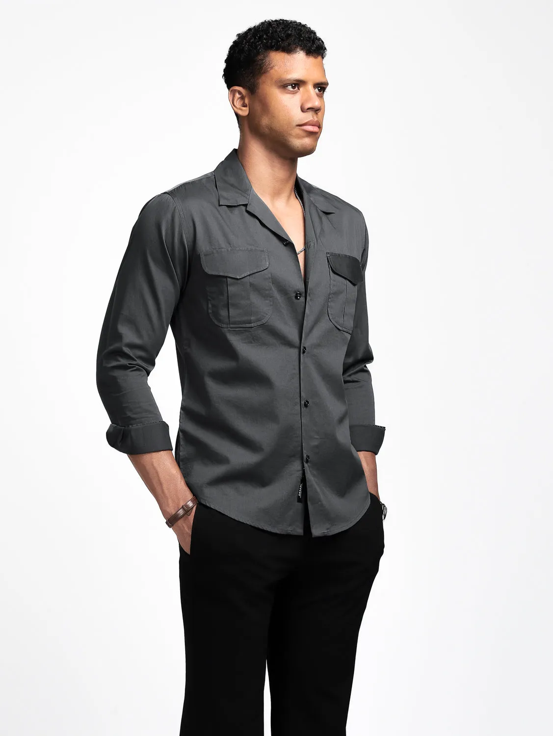 Metal Grey Solid Pockets Shirt