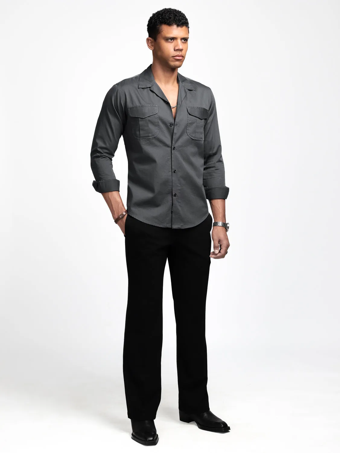 Metal Grey Solid Pockets Shirt