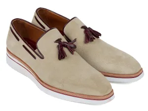 Paul Parkman Beige Suede Tassel Loafers