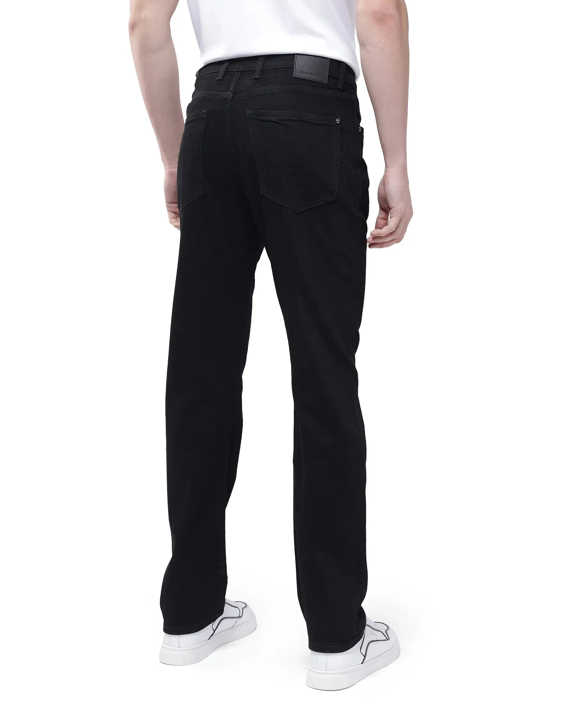 Rare Rabbit Men Rosic Black Cotton Fabric Regular Fit Mid Rise Rinse Wash Solid Denim Trousers