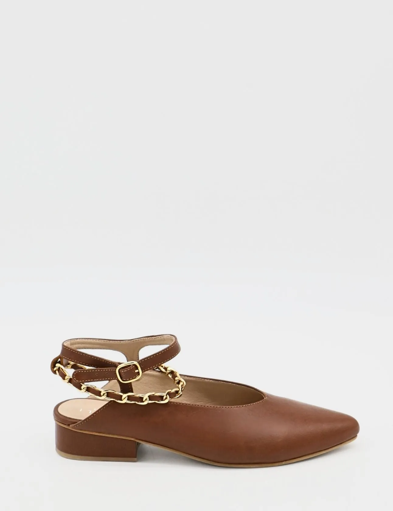 Selene gold chain slip on mule in tan leather