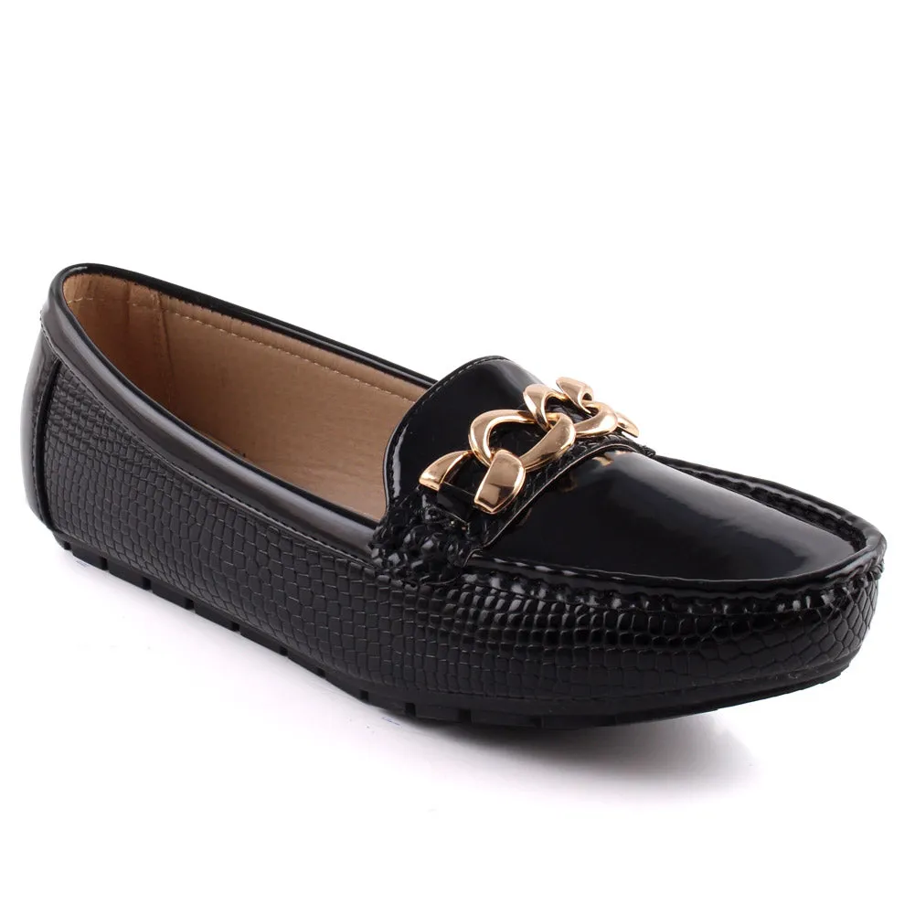 Women “JAYNE” Textured Patent Vamp  Chain Buckle Stitched Detail Moccasin Shoes