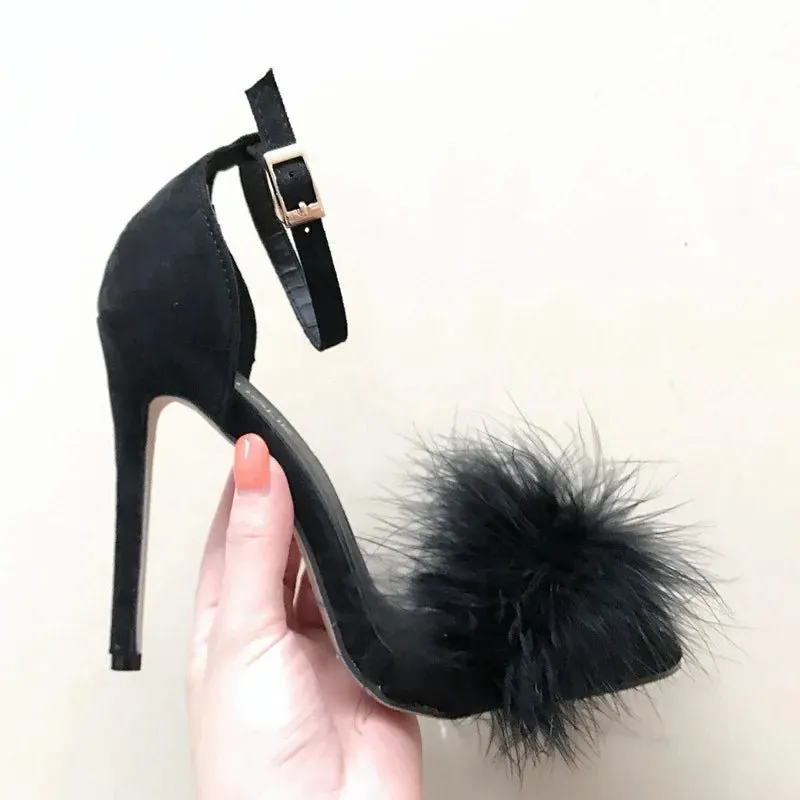 Women's Fashion Shoes: Fashion Fur Roman Cross Strap High Heel Mules